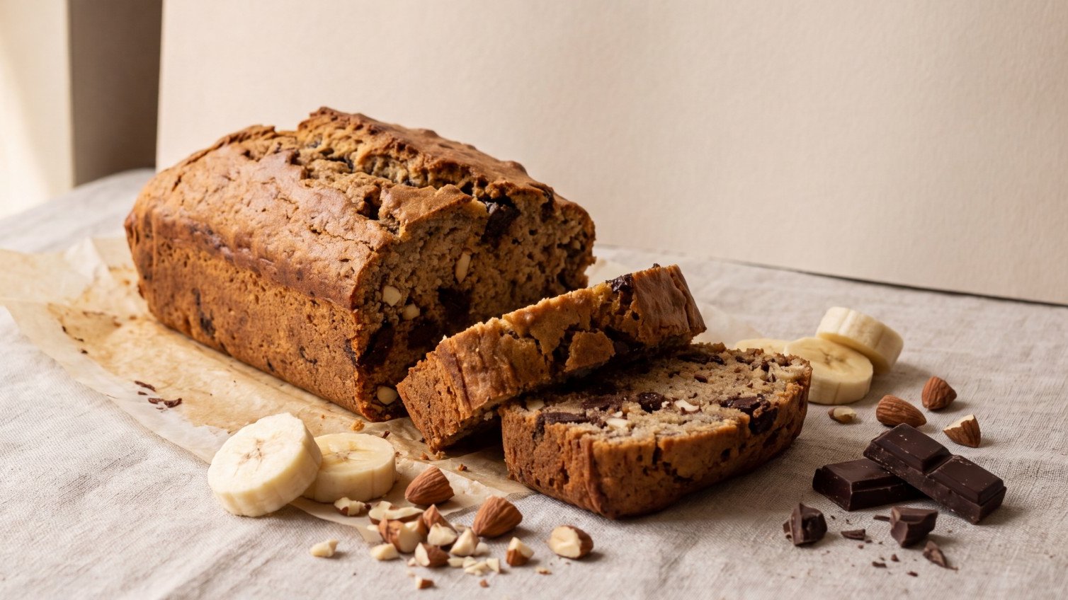 Cake protéiné vegan à la banane coupé en tranches, avec amandes et chocolat noir